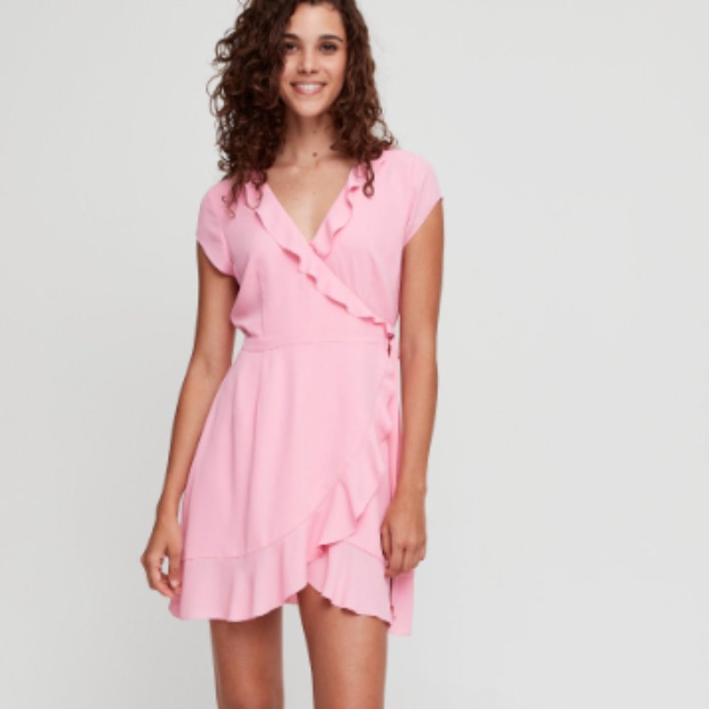 Aritzia Sunday Best Ruffles Pink Savoy Wrap Sundress with Self Tie